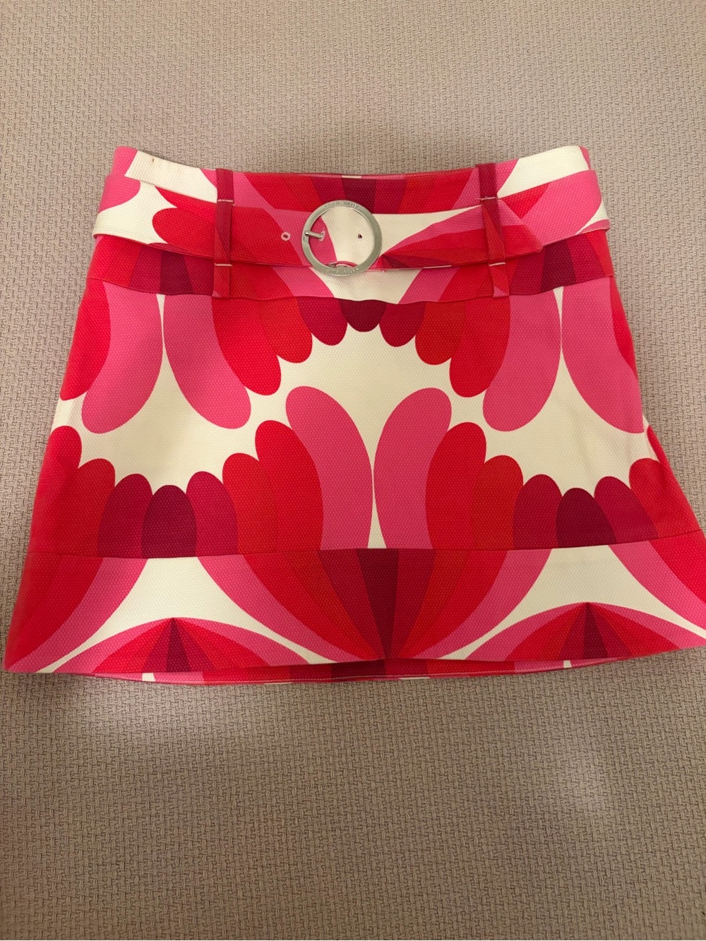 Karen Millen Pink, Red and Cream Graphic Print Mini Skirt with Silver Buckle Mod